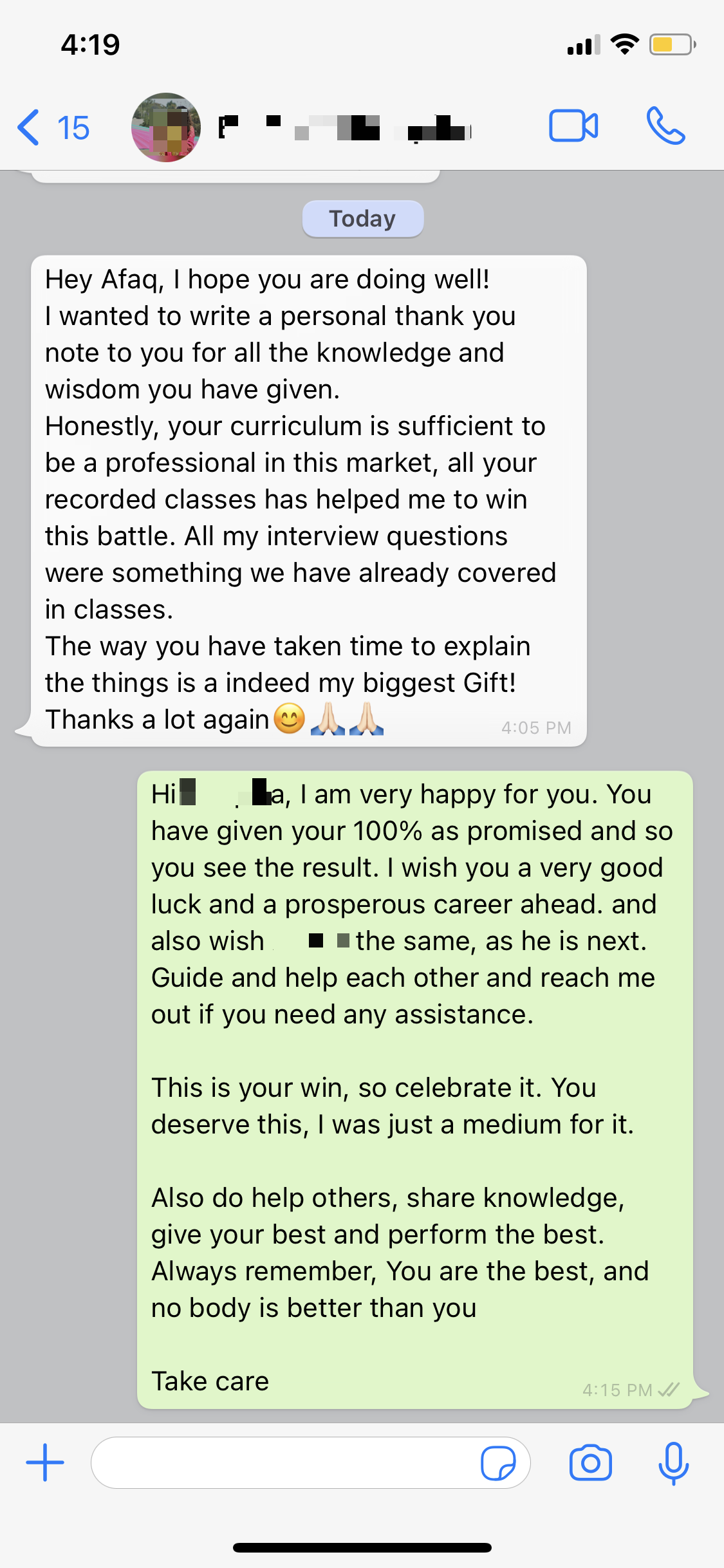 Student personal thank you note